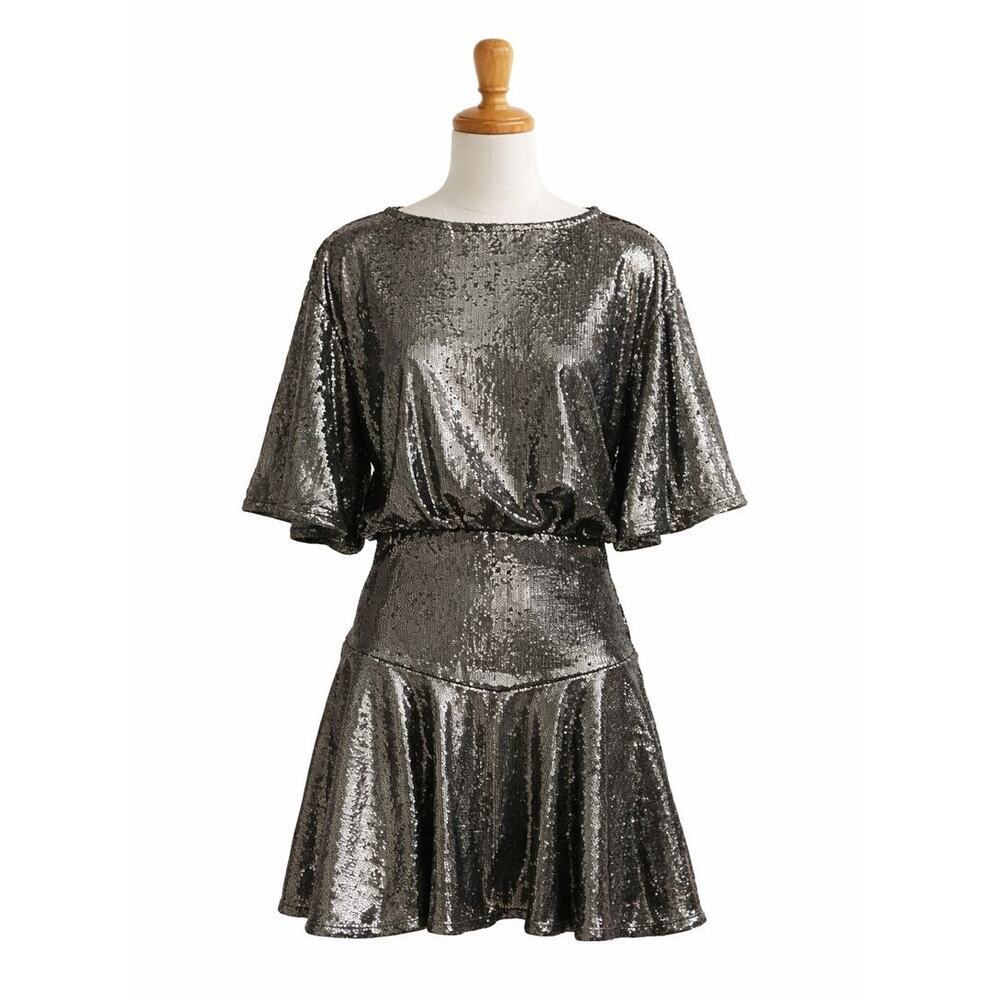 Free People Manuka Sequin Mini Dress Gunmetal / Silver Size Large NEW